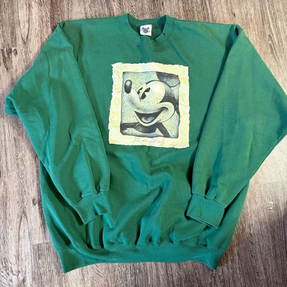 Disney Mickey Mouse USA Crewneck Sweatshirt XL Y2K 90s Green Fade Rare Print VTG